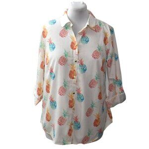 Chicos No Iron Pineapple Print Shirt Womens 16 Chicos 3 Cotton Gold Hardware